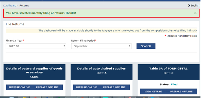 Filing GSTR-1 in GST Govt. Portal.