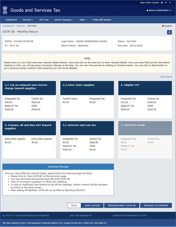 Filing GSTR-3B in GST Portal